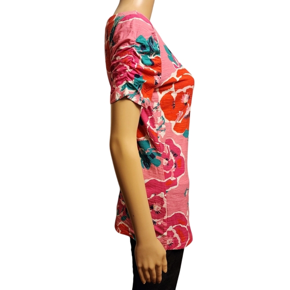 Lilly Pulitzer Pink Floral Ruched Puff Sleeve Slim Fit T-Shirt Size L - Picture 5 of 11